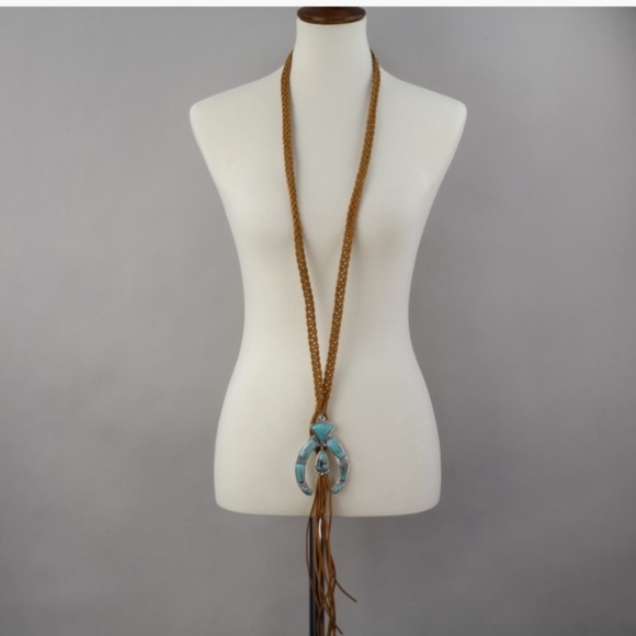 Boho Long Faux Turquoise Pendant Suede Necklace - Picture 3 of 3